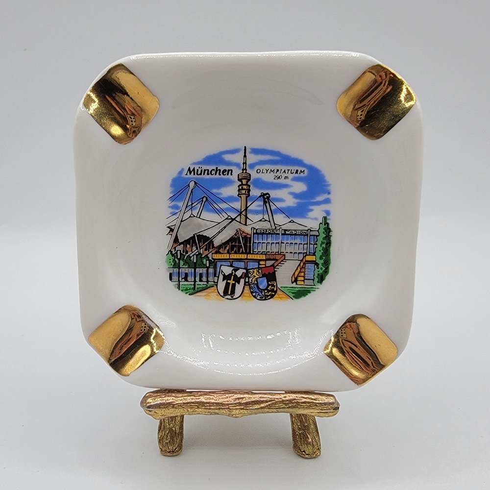 Vtg German Porcelain Ashtray München 1972 Olympiastadion & Tower Gold Accents